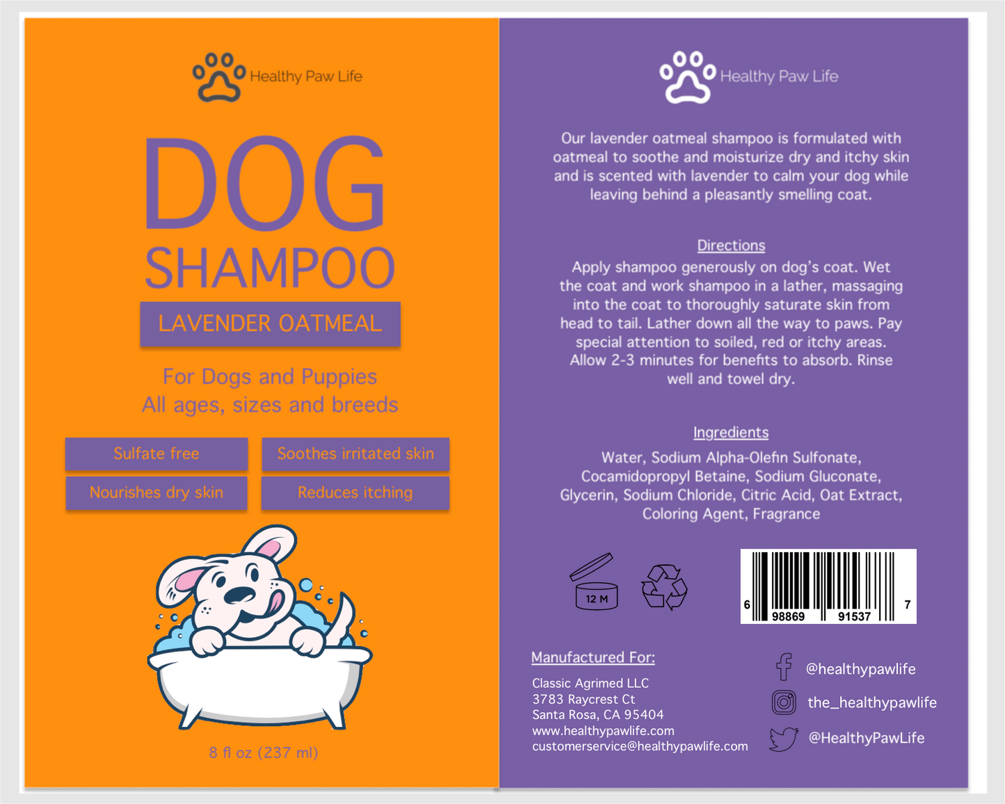 Champú para mascotas con avena y lavanda