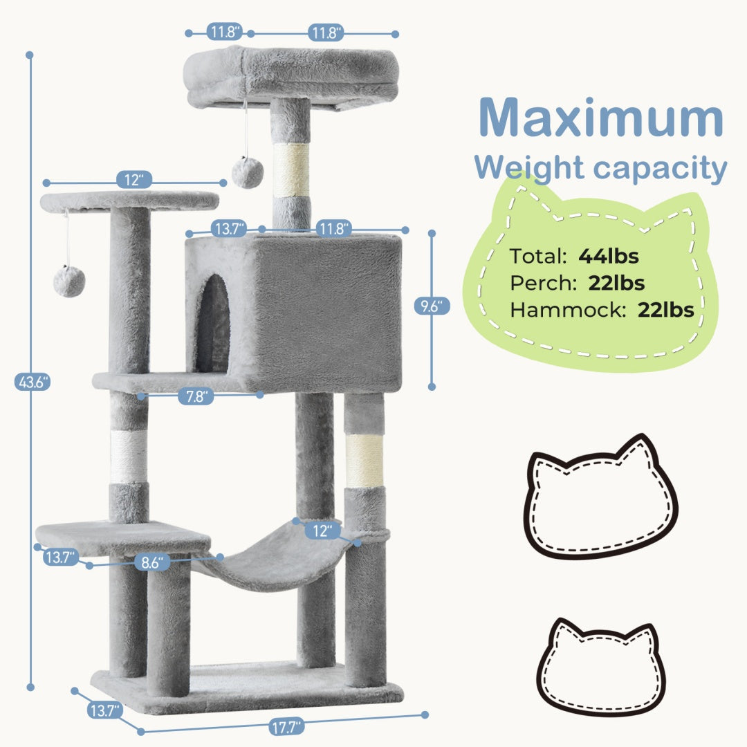 44" Cat Tree Tower with Sisal Scratching Posts & Hammock