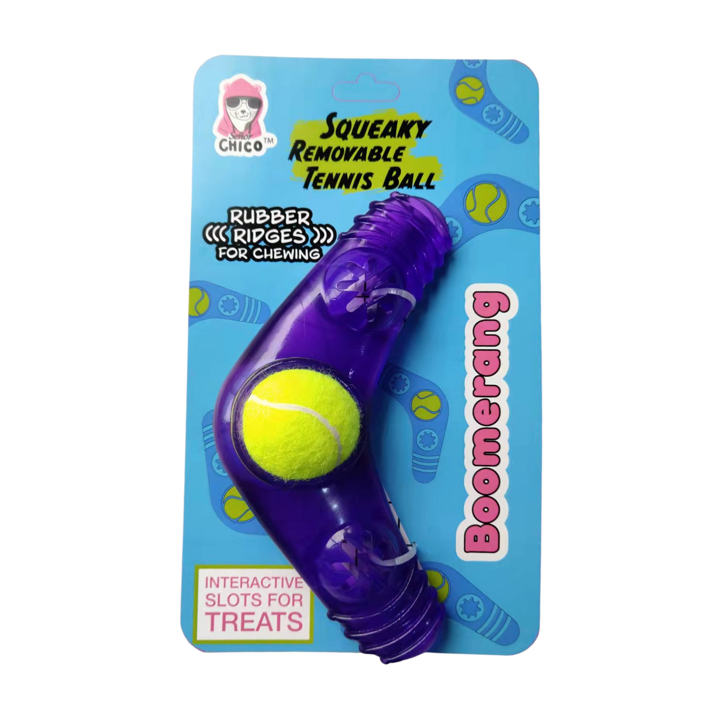 Boomerang con relleno de golosinas y chirriador con pelota de tenis