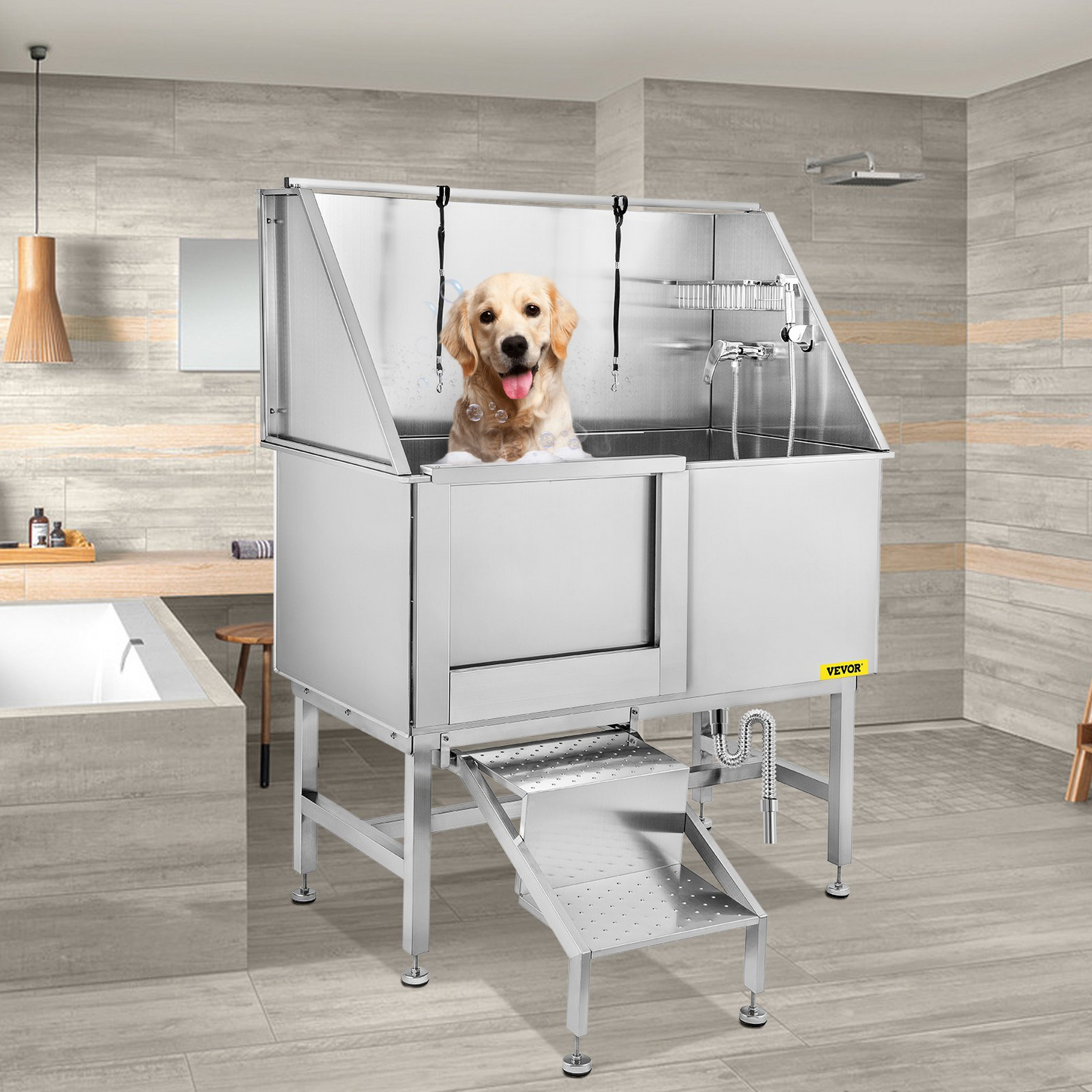 VEVOR 50" Stainless Steel Dog Grooming Tub with Steps & Accessories