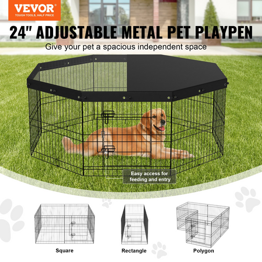 Metal Dog Playpen with Cover & Stakes – Indoor/Outdoor - 24" 8-Panel | VEVOR