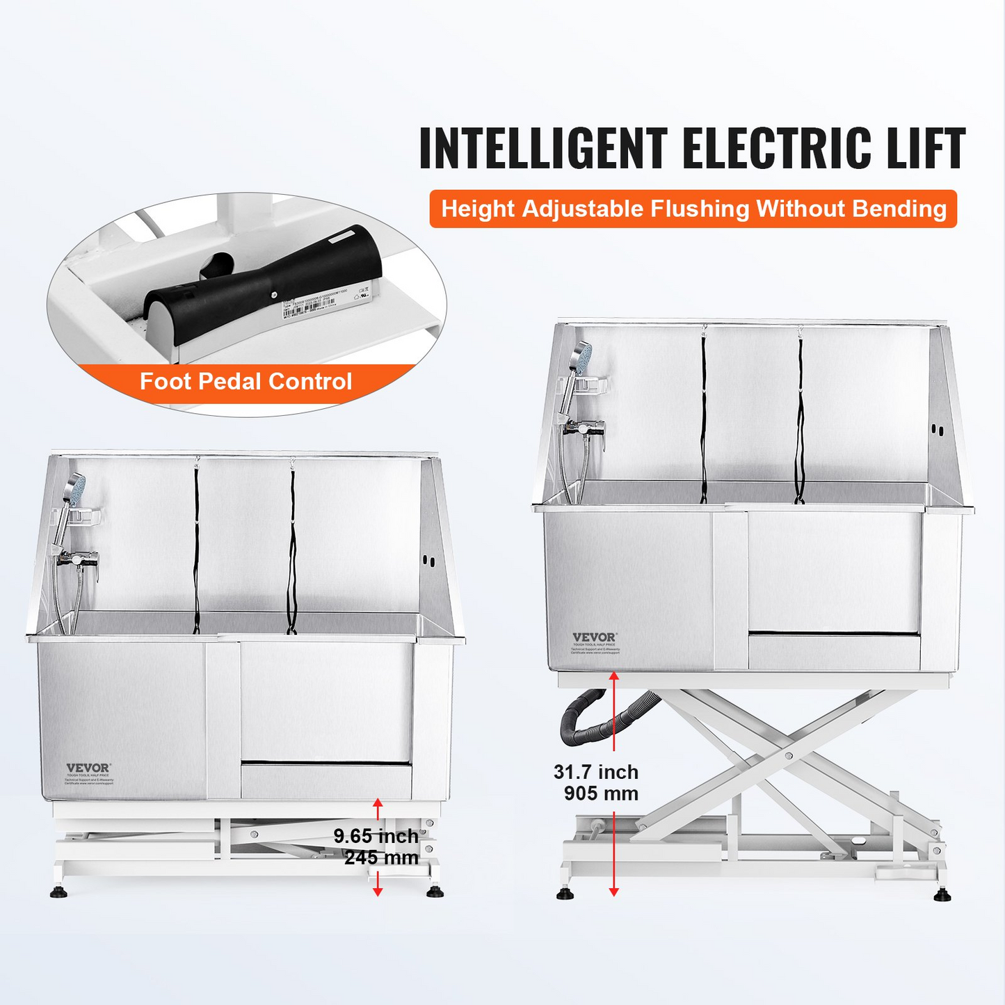 VEVOR Estación de baño eléctrica para perros con altura ajustable de 50 pulgadas: bañera de aseo profesional de acero inoxidable con caja de jabón, grifo y accesorios ricos para múltiples mascotas, colocación en el lado derecho
