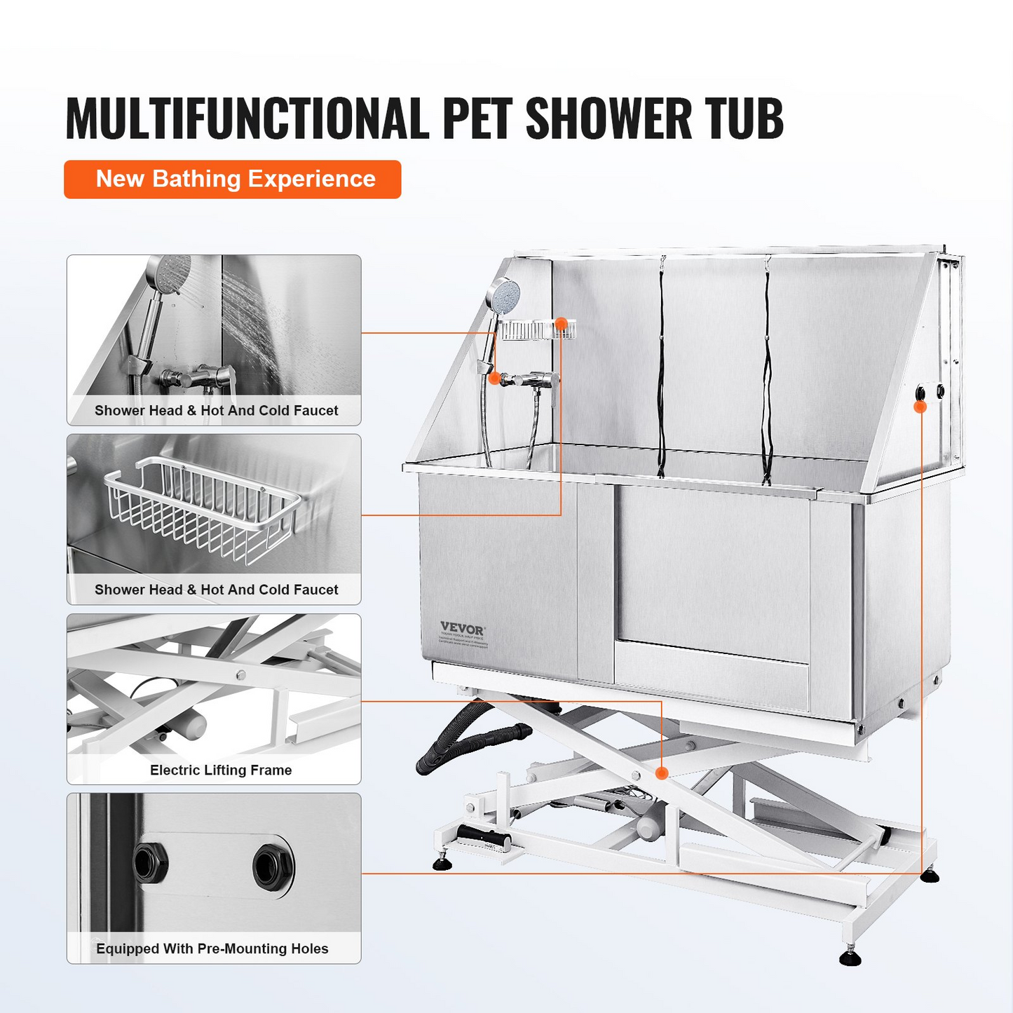 VEVOR Estación de baño eléctrica para perros con altura ajustable de 50 pulgadas: bañera de aseo profesional de acero inoxidable con caja de jabón, grifo y accesorios ricos para múltiples mascotas, colocación en el lado derecho