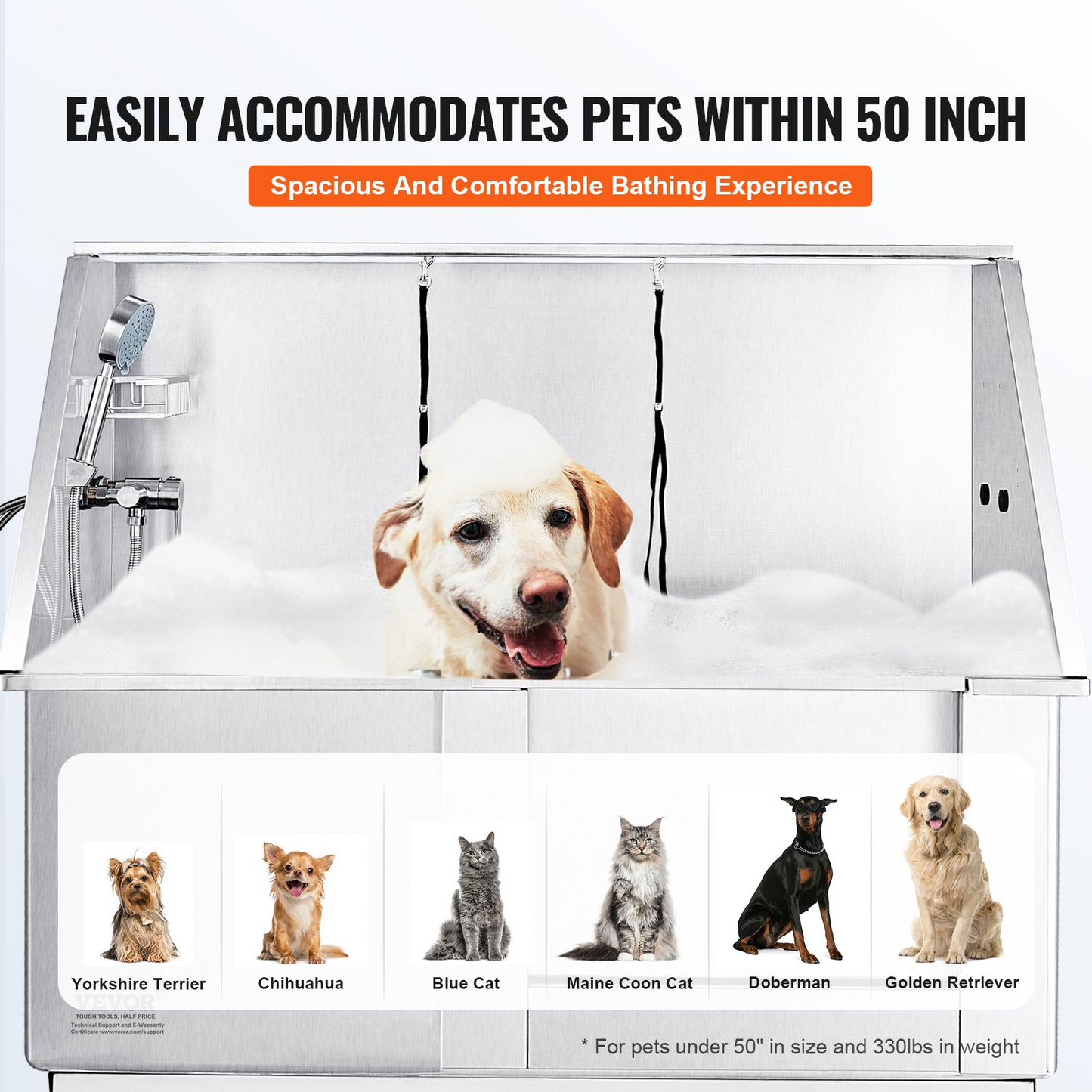 VEVOR Estación de baño eléctrica para perros con altura ajustable de 50 pulgadas: bañera de aseo profesional de acero inoxidable con caja de jabón, grifo y accesorios ricos para múltiples mascotas, colocación en el lado derecho