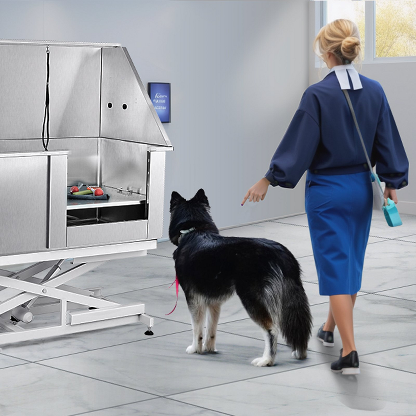 VEVOR Estación de baño eléctrica para perros con altura ajustable de 50 pulgadas: bañera de aseo profesional de acero inoxidable con caja de jabón, grifo y accesorios ricos para múltiples mascotas, colocación en el lado derecho