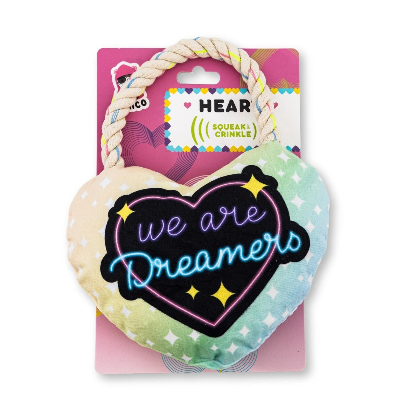 Juguete de peluche para perros Love Heart con características arrugadas y chirriantes