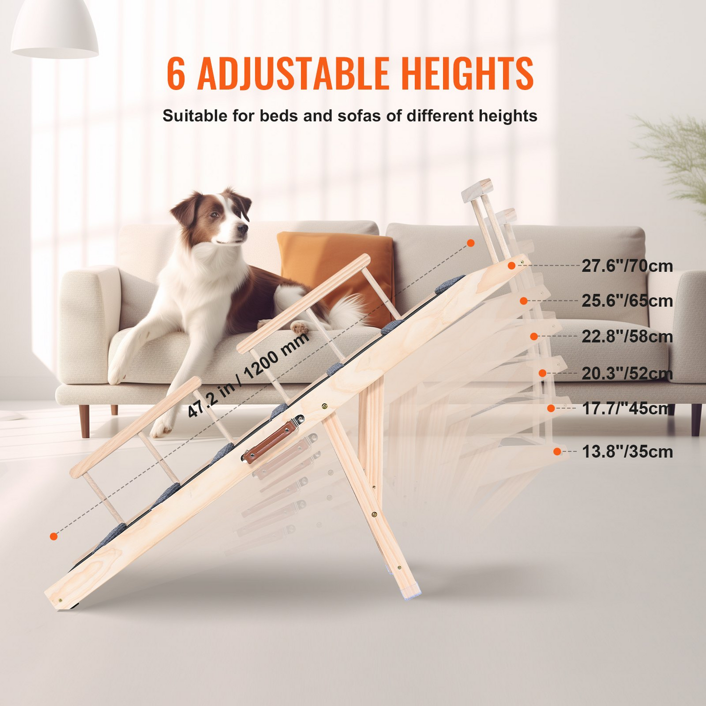 VEVOR Dog Ramp, 47.2" Folding Wooden Pet Ramp, Adjustable for Bed, Sofa, Car