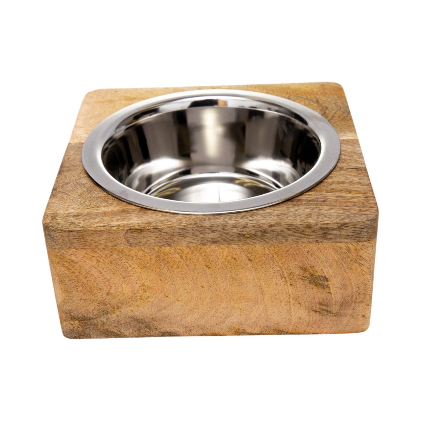 Tazón para perros de acero inoxidable con soporte cuadrado de madera de mango (1 qt)