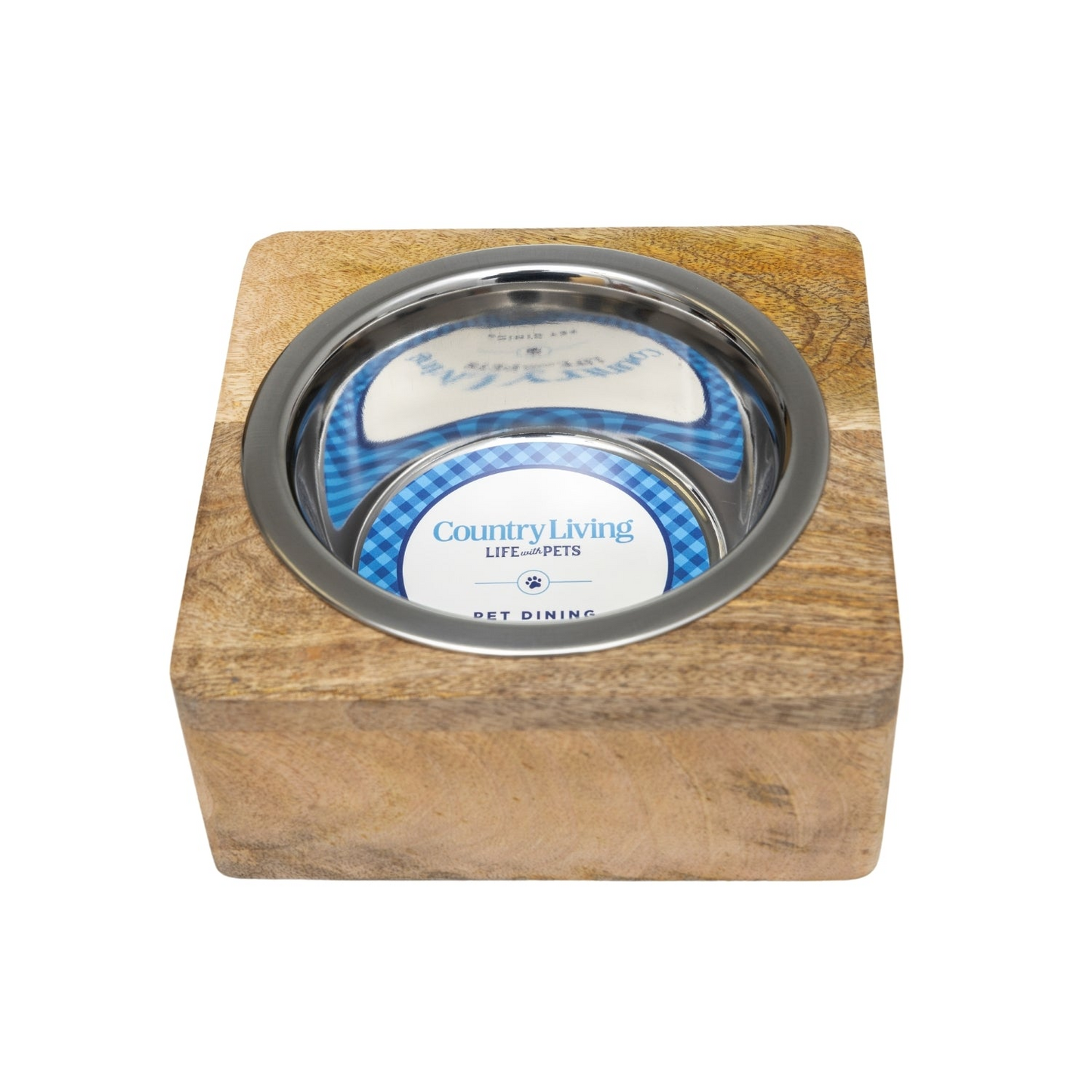Tazón para perros de acero inoxidable con soporte cuadrado de madera de mango (1 qt)