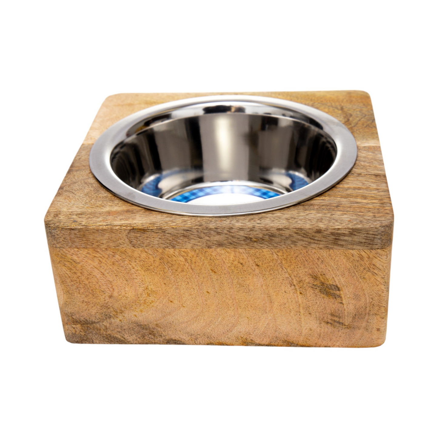 Tazón para perros de acero inoxidable con soporte cuadrado de madera de mango (1 qt)