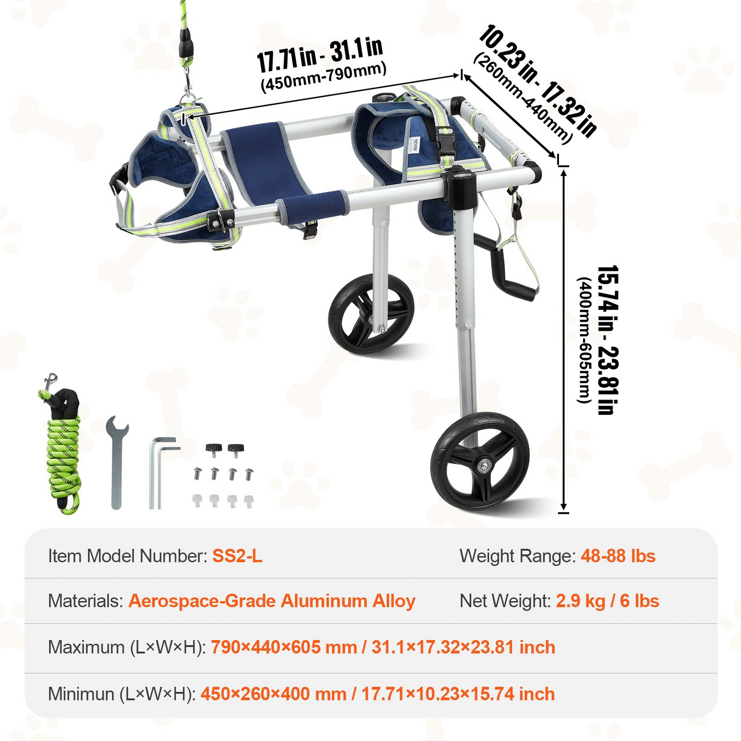 VEVOR Large Dog Wheelchair, 2-Wheel, Adjustable for Back Legs, Lightweight