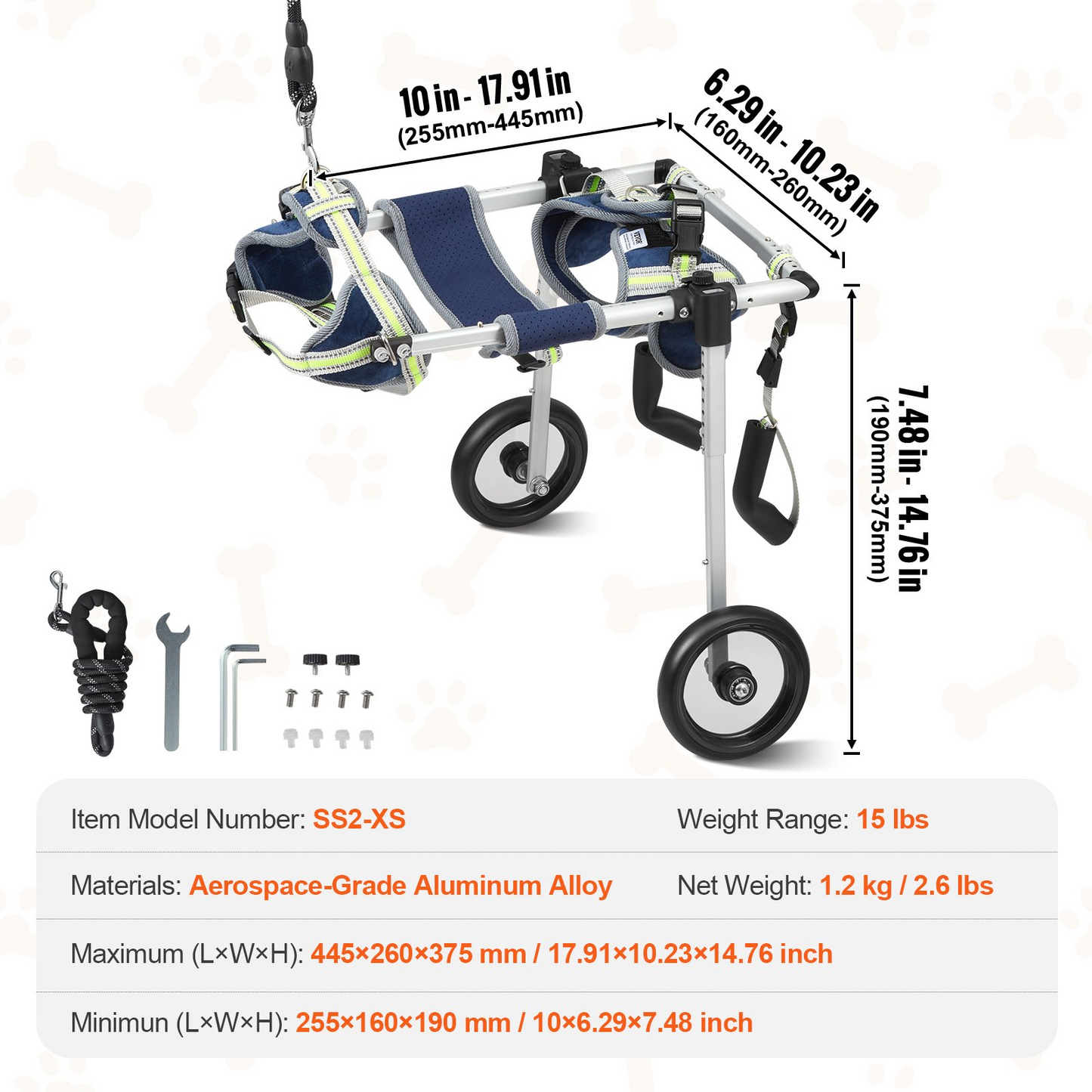 VEVOR XS Dog Wheelchair, 2-Wheel, Adjustable, Lightweight for Back Legs