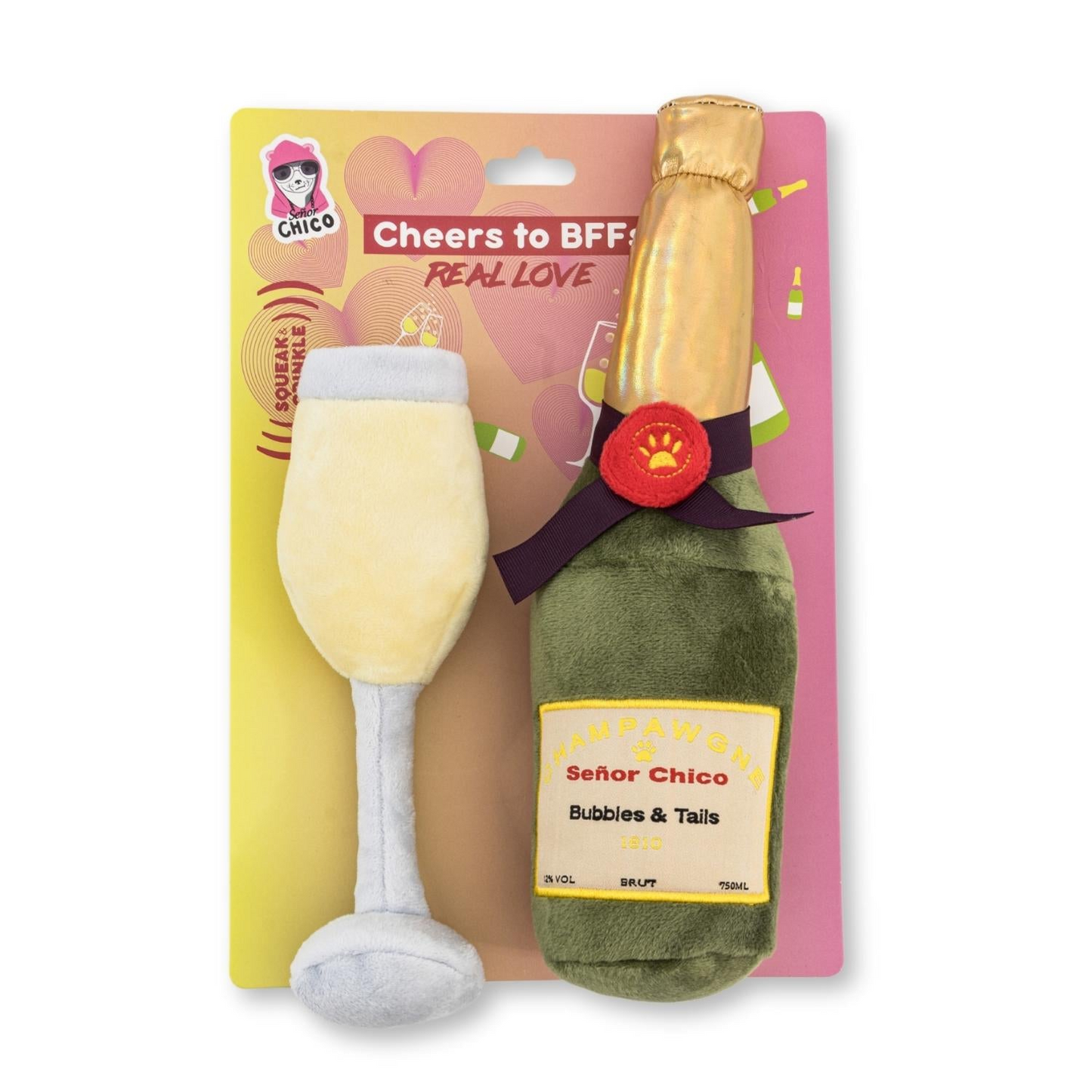 Combo de juguetes para perros de peluche arrugados y chirriantes Champagne-Cheers