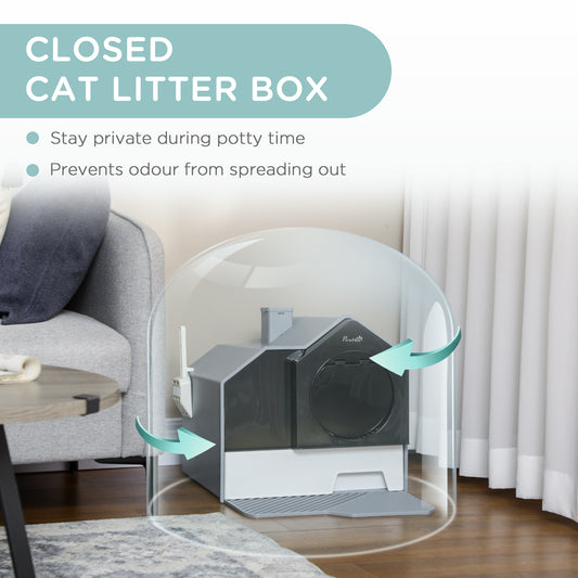 Hooded Cat Litter Box with Litter Mat, Scoop & Odor Control – Gray