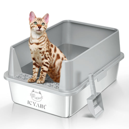 Oversized Stainless Steel Cat Litter Box with Splash Guard & Scoop – Available in 5 Colors