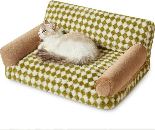 Checkered Pet Sofa Bed with Non-Slip Base & Washable Cover – 3 Sizes for Cats & Dogs