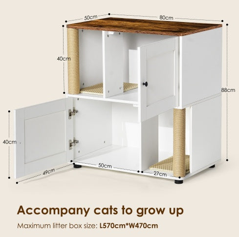 31" Double Cat Litter Box Enclosure with Scratching Posts & Shelves – White Vintage