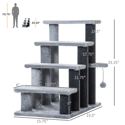 4-Step Cat Stairs Tower with Scratching Posts & Toy Ball – Light Gray & Black | PawHut