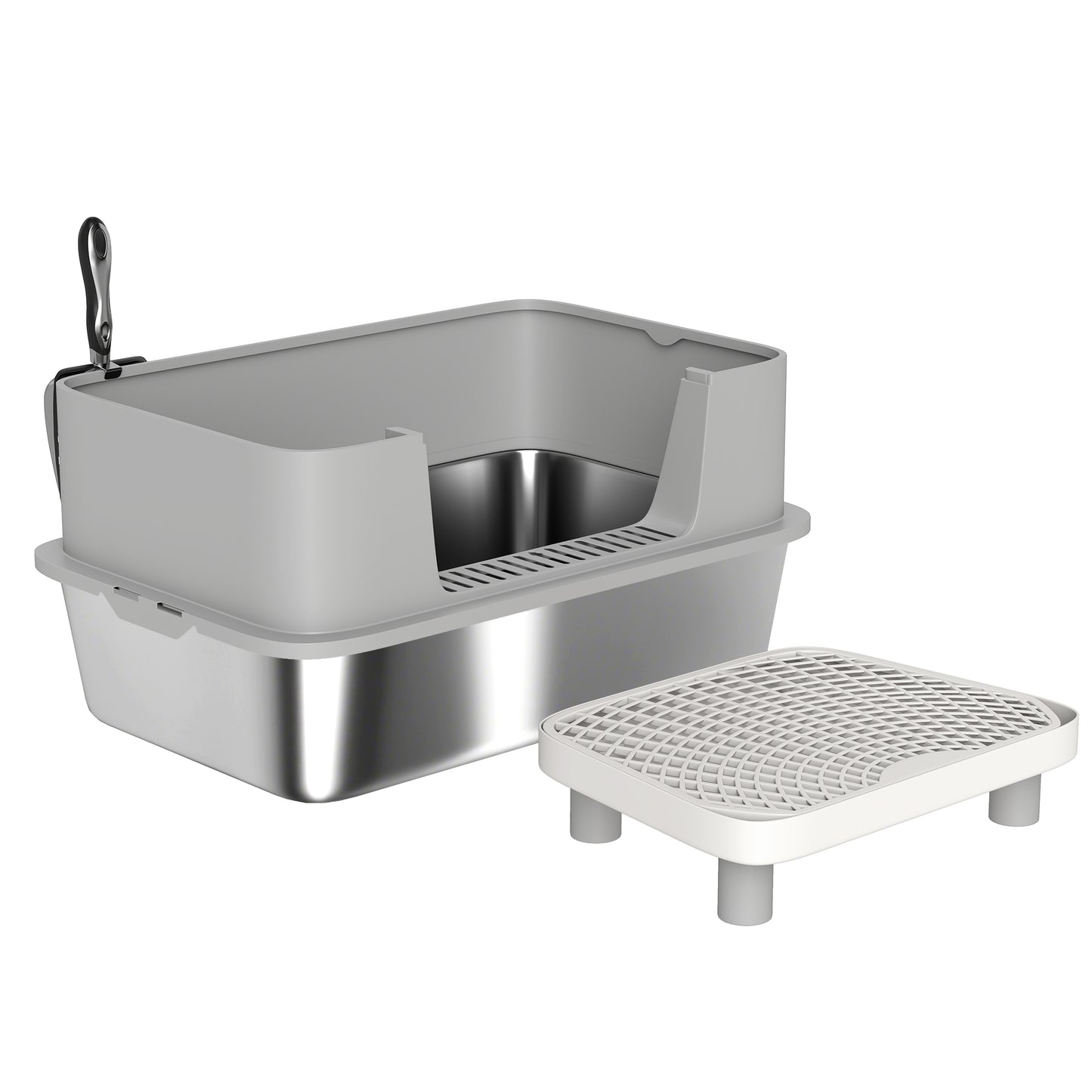 Stainless Steel Cat Litter Box with High Sides, Snap-Lock Lid & Scoop – Gray