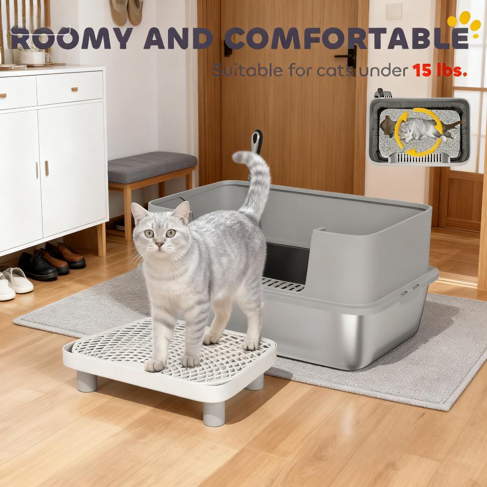Stainless Steel Cat Litter Box with High Sides, Snap-Lock Lid & Scoop – Gray