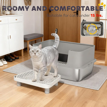 Stainless Steel Cat Litter Box with High Sides, Snap-Lock Lid & Scoop – Gray