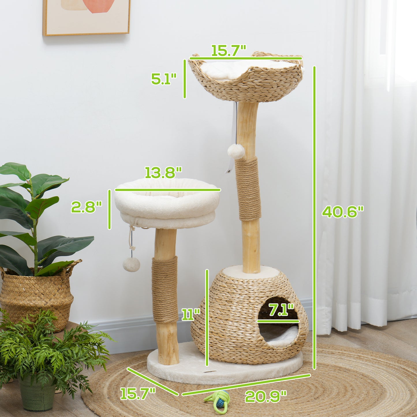 41" Indoor Cat Tree with Wooden Posts, Cat Condo & Toy Balls – Cream White