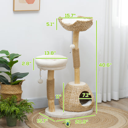 41" Indoor Cat Tree with Wooden Posts, Cat Condo & Toy Balls – Cream White