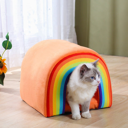 Cozy Enclosed Cat House with Rainbow Design – Four Seasons Universal | One Size