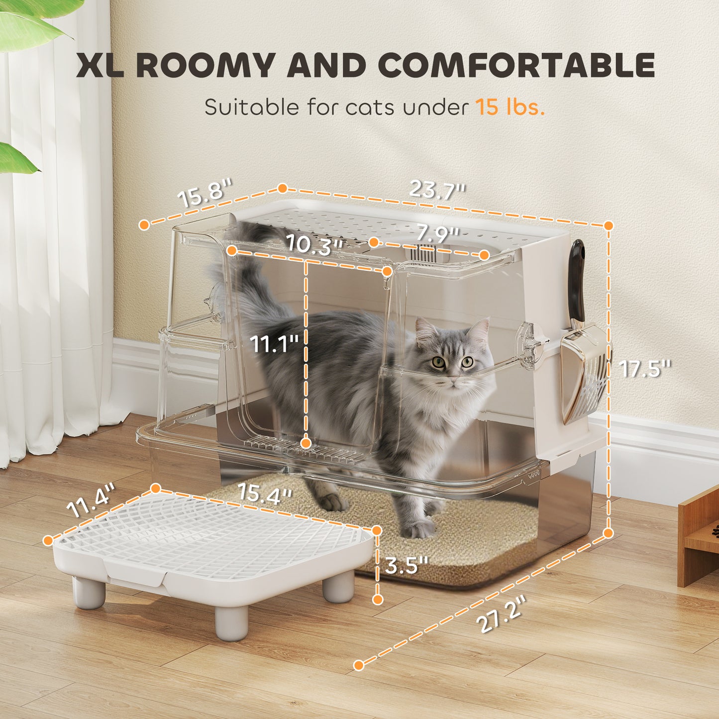 XL 3-in-1 Enclosed Stainless Steel Cat Litter Box with Flip Top, Dual Entry & Deodorizer