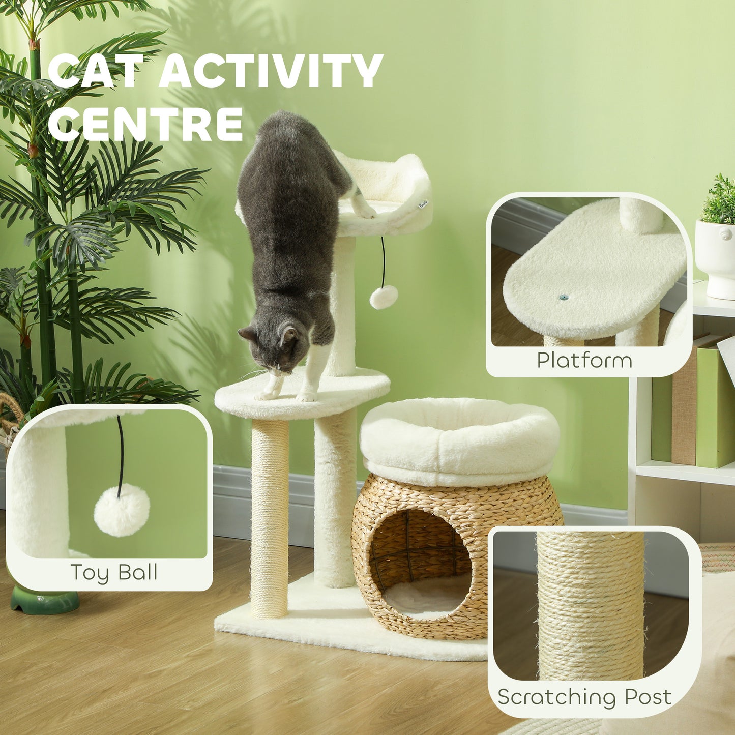 31" Indoor Cat Tree with Condo, Scratching Posts & Toy Ball – Cream White