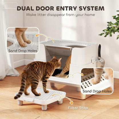 XL 3-in-1 Enclosed Stainless Steel Cat Litter Box with Flip Top, Dual Entry & Deodorizer
