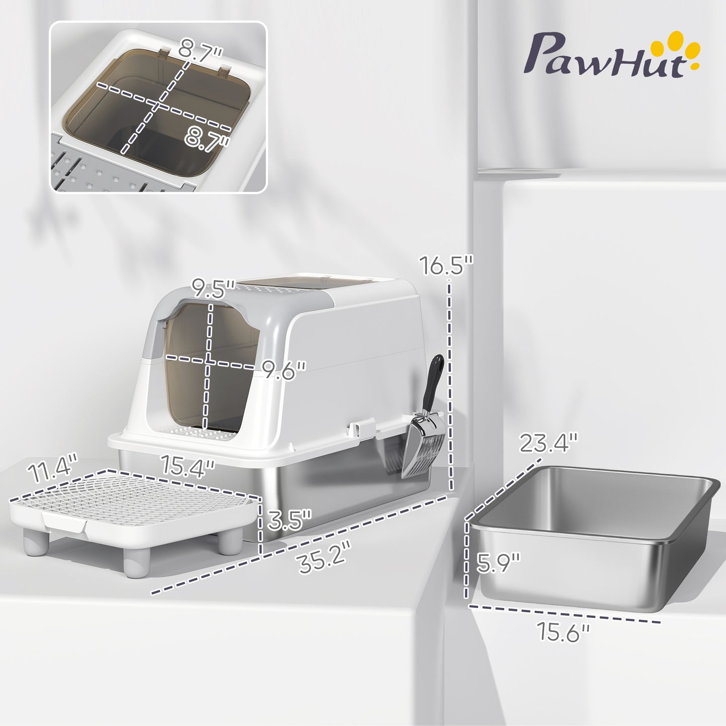 Extra Large Enclosed Stainless Steel Cat Litter Box with Top Exit, Scoop & Deodorizer - White