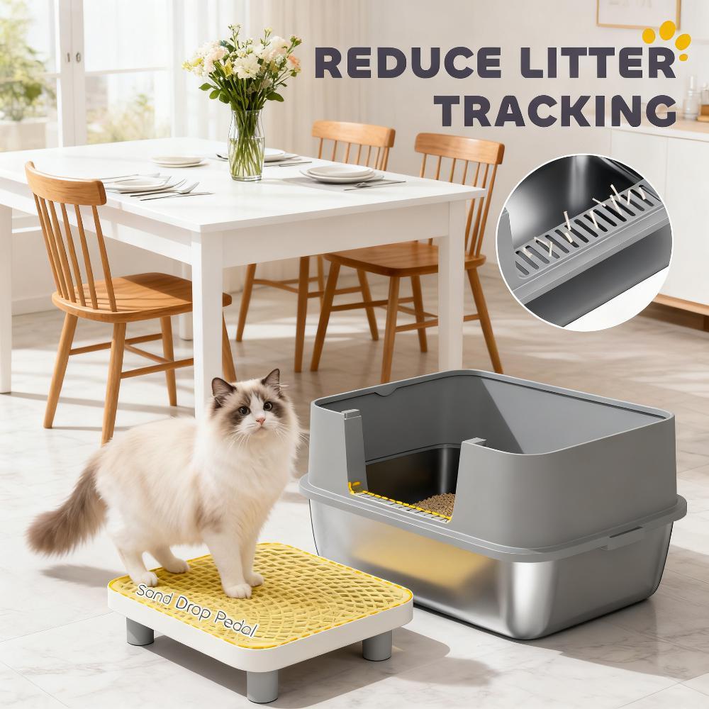 Stainless Steel Cat Litter Box with High Sides, Snap-Lock Lid & Scoop – Gray