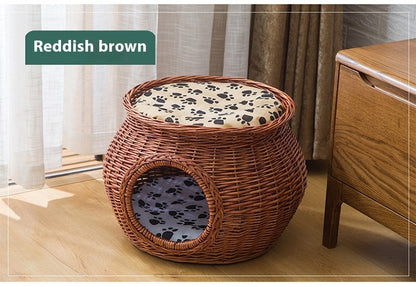 Handmade Wicker Rattan Cat House with Cushion – 2 Sizes & 4 Natural Colors
