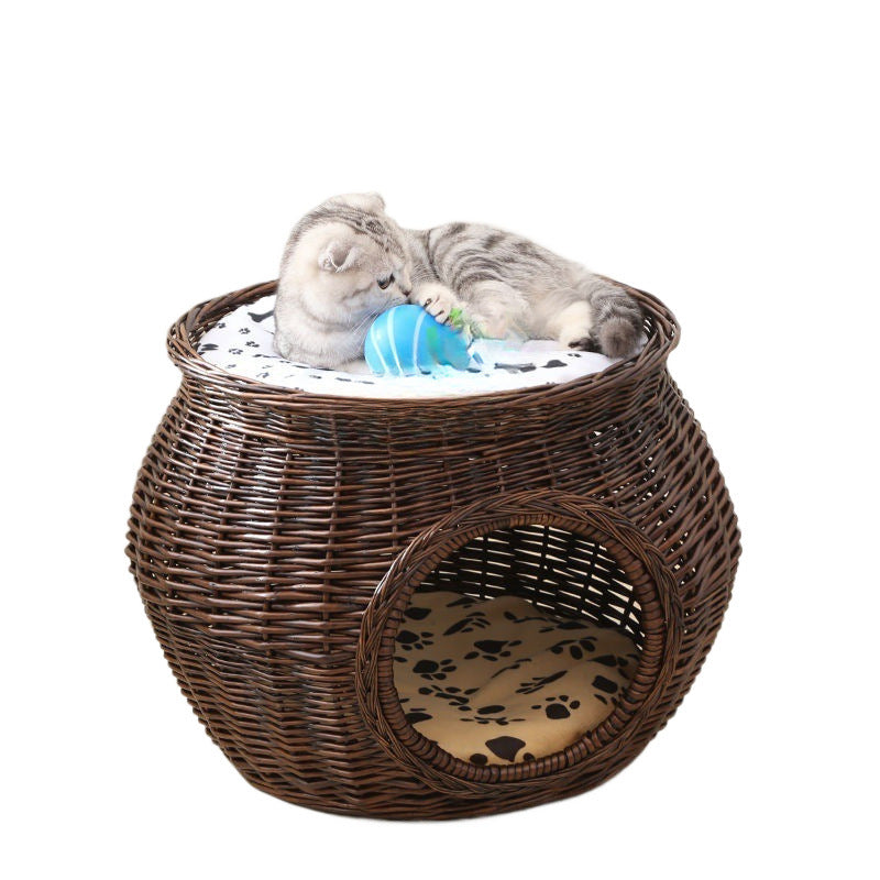 Handmade Wicker Rattan Cat House with Cushion – 2 Sizes & 4 Natural Colors