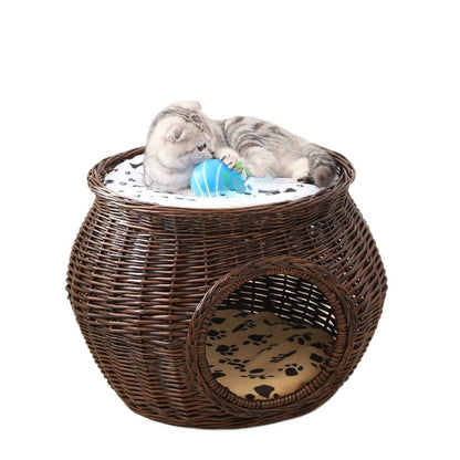 Handmade Wicker Rattan Cat House with Cushion – 2 Sizes & 4 Natural Colors