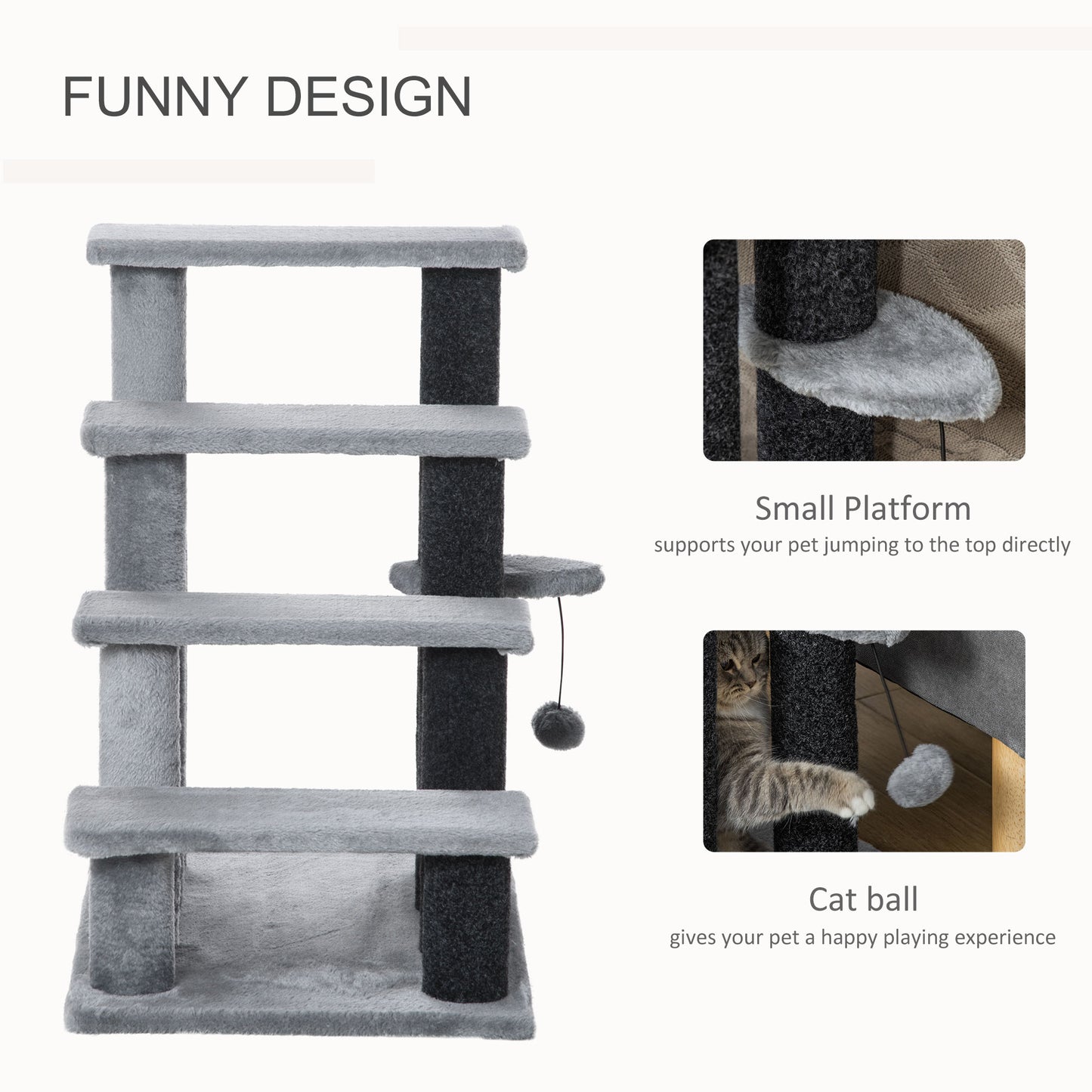 4-Step Cat Stairs Tower with Scratching Posts & Toy Ball – Light Gray & Black | PawHut