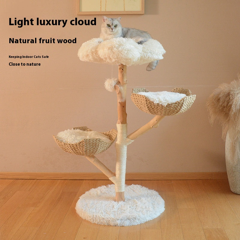 43" Solid Wood & Rattan Cat Tree with Double Cloud Nest – Natural Fruit Wood