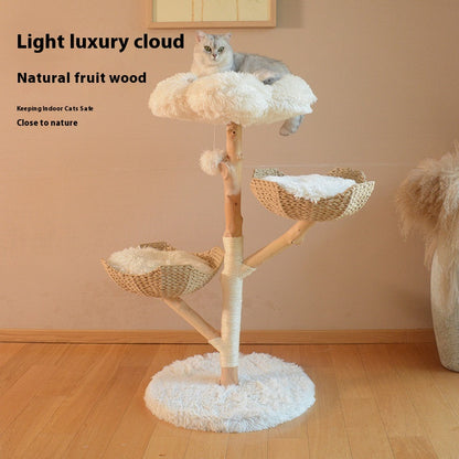43" Solid Wood & Rattan Cat Tree with Double Cloud Nest – Natural Fruit Wood