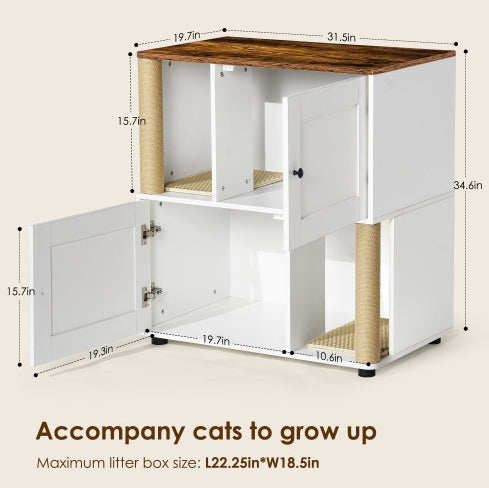 31" Double Cat Litter Box Enclosure with Scratching Posts & Shelves – White Vintage