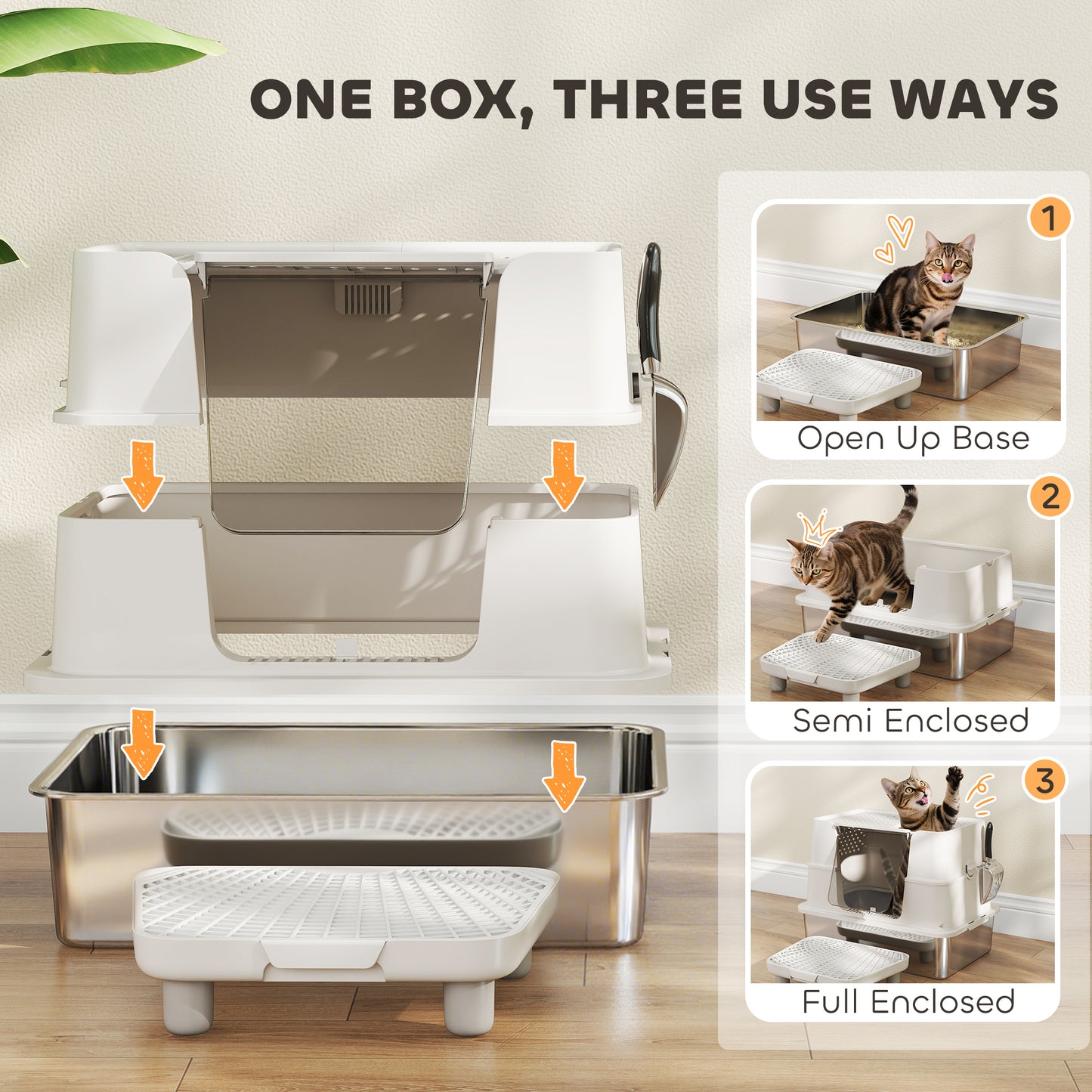 XL 3-in-1 Enclosed Stainless Steel Cat Litter Box with Flip Top, Dual Entry & Deodorizer