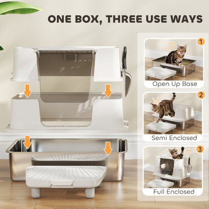 XL 3-in-1 Enclosed Stainless Steel Cat Litter Box with Flip Top, Dual Entry & Deodorizer