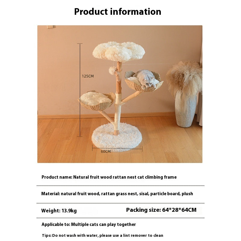 43" Solid Wood & Rattan Cat Tree with Double Cloud Nest – Natural Fruit Wood
