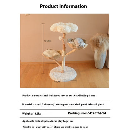 43" Solid Wood & Rattan Cat Tree with Double Cloud Nest – Natural Fruit Wood