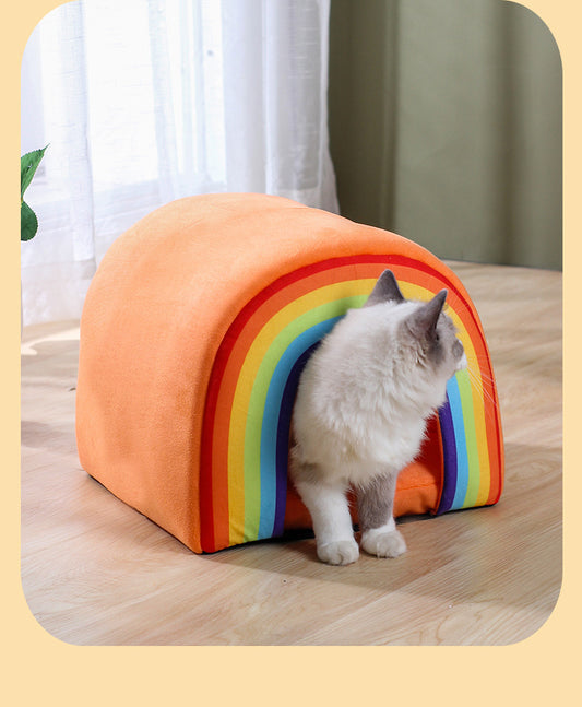 Cozy Enclosed Cat House with Rainbow Design – Four Seasons Universal | One Size