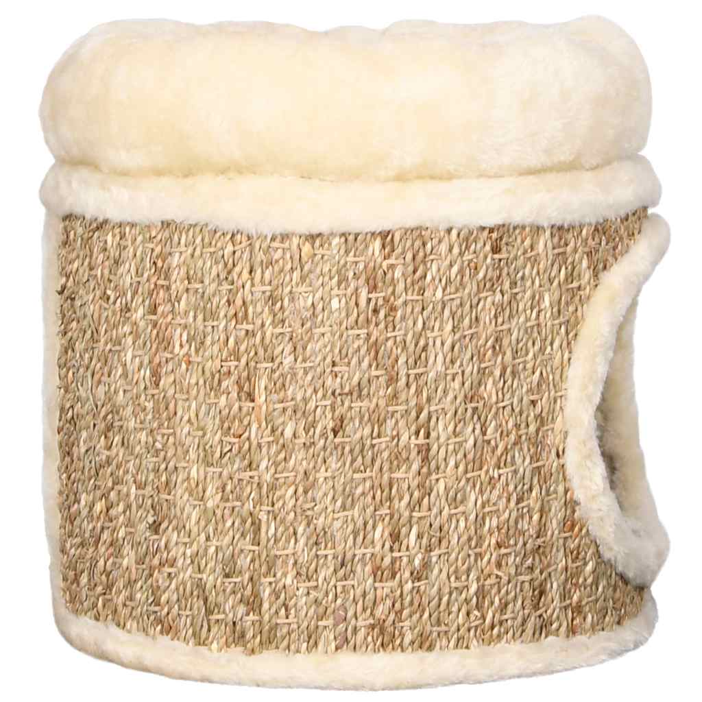 33cm Seagrass Cat House with Plush Bed, Cat Cave & Scratching Surface – Beige