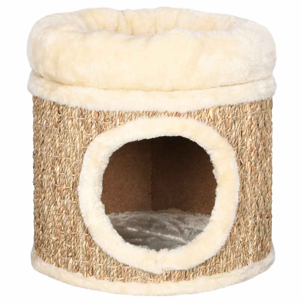 33cm Seagrass Cat House with Plush Bed, Cat Cave & Scratching Surface – Beige
