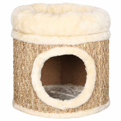 33cm Seagrass Cat House with Plush Bed, Cat Cave & Scratching Surface – Beige