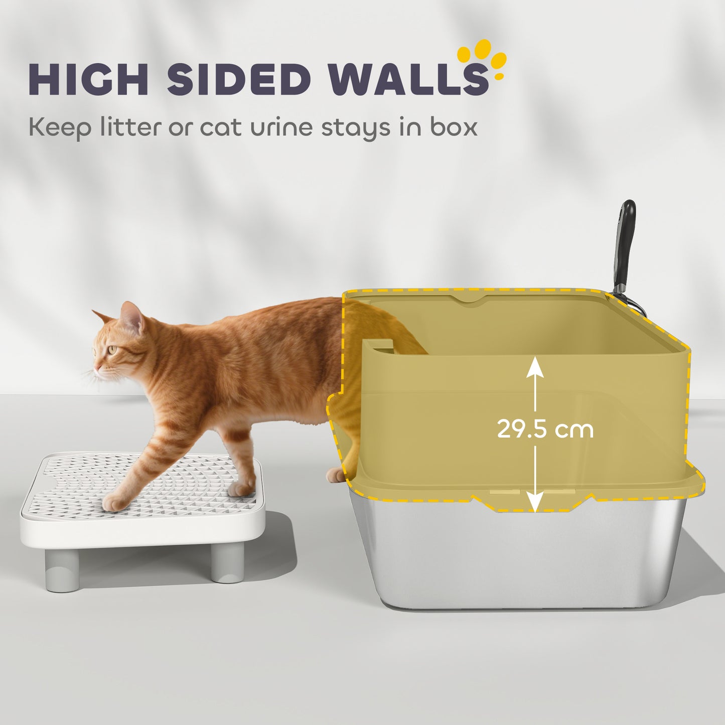 Stainless Steel Cat Litter Box with High Sides, Snap-Lock Lid & Scoop – Gray