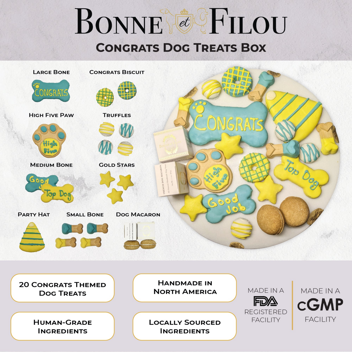 Caja de regalo de golosinas para perros temáticas Felicitaciones de Bonne et Filou